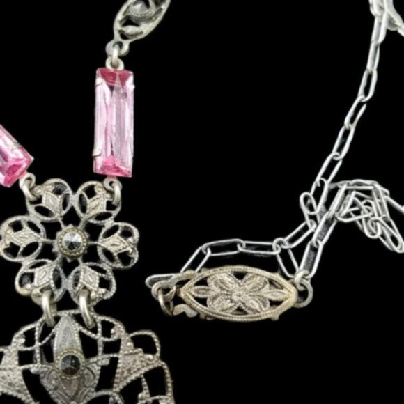 Art Deco Pink Glass Marcasite Filigree Necklace - Picture 3 of 5